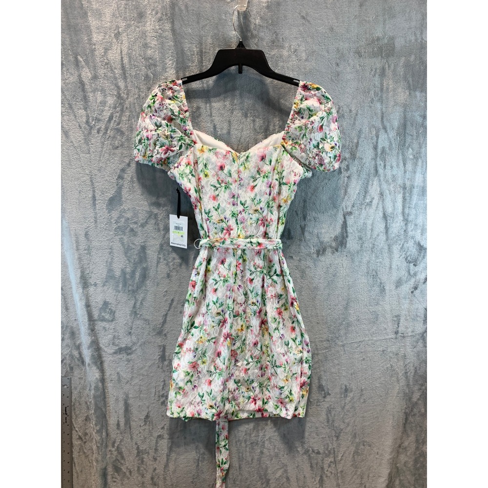 Kensie Floral Lace Mini Dress Sweetheart Puff Sleeve White Multi KDUP3728 Size 4